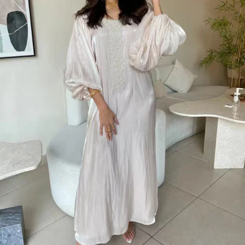 العرقية خمر الترتر الحرير مساء اللباس المرأة الربيع طاقم الرقبة المرقعة بوهو فستان طويل الخريف فانوس كم فضفاض ماكسي اللباس #6