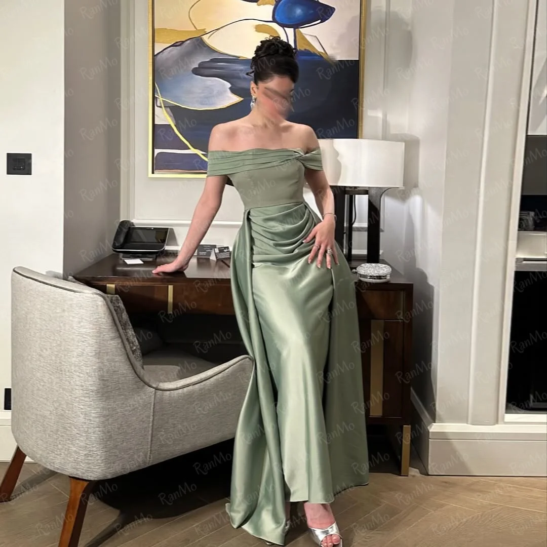 Sukienka wieczorowa Ranmo, zielona, na ramiączkach, z plisami, formalna, satynowa, syrenka, długa, na wesele, dla gościa weselnego, z odpinanym trenem.