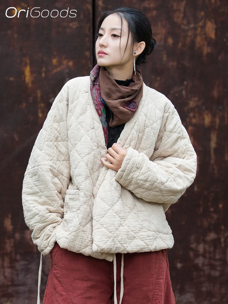 

OriGoods Cotton Padded Kimono Jacket Women V-neck Warm Winter Kimono Coat Japanese Style Oversized Quilted Jakcets Woman B280