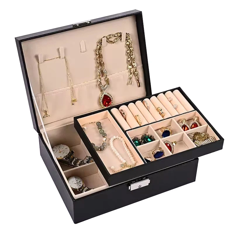 Factory Price Wholesale 2 Layer Pu Leather Jewelry Organizer Box for Ring Earring Necklace Bracelet Pendant Storage Case