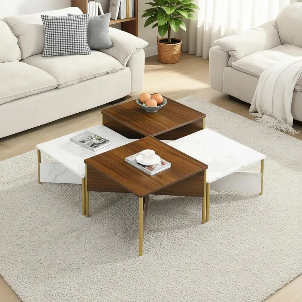 

Nesting Coffee Table Set of 4, Modern Square Living Room Table, Adjustable Shape Table, Stylish Living Room Furniture, White + W