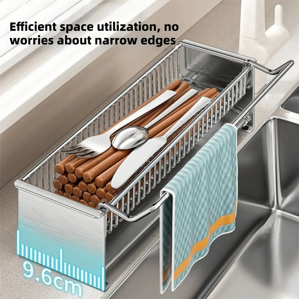 Stainless Steel Chopsticks Storage Rack Large Capacity Space Saving Sink Draining Rack Automatic Draining Spoon Storage Box