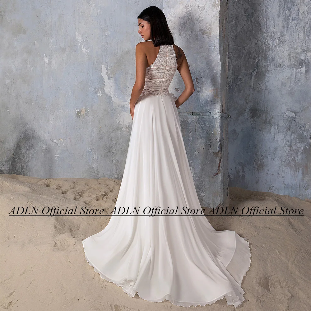 Abito da sposa Boho abito da sposa da spiaggia O collo senza maniche in Chiffon di pizzo bohémien una linea abiti da sposa Sweep Train Robe De Mariee