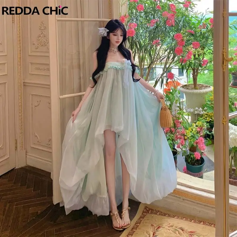 REDDACHiC Women High-low Bubble Party Dress Princess Tulle Flower Applique Bandeau Trailing Party Gown Wedding Guest Costume