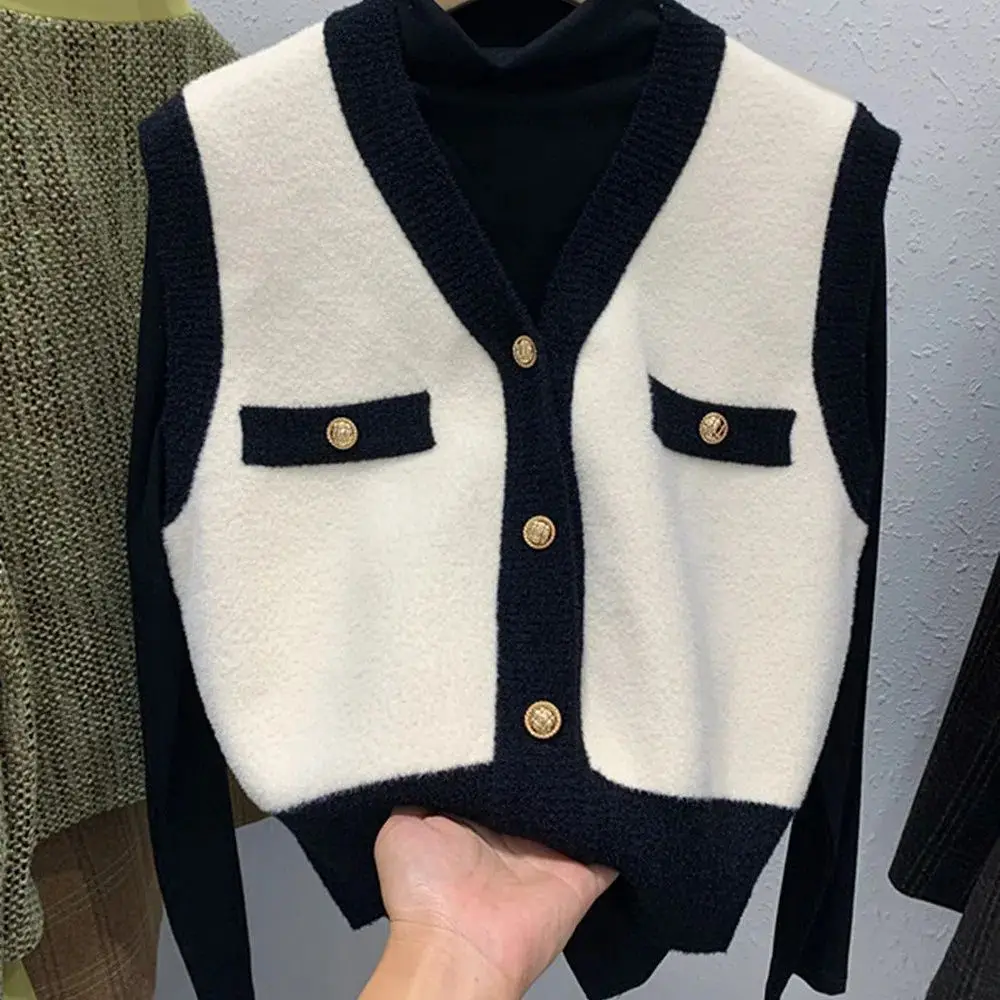 Autumn Winter All-match Patchwork V-neck Sleeveless Sweater Vest Female Simplicity Buttons Loose Knitting Coat New Fashion Tops