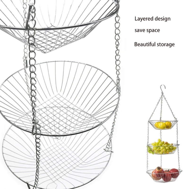 3 Tiers Hanging Fruit Basket Iron Wire Holder Rack Vegetable Container
