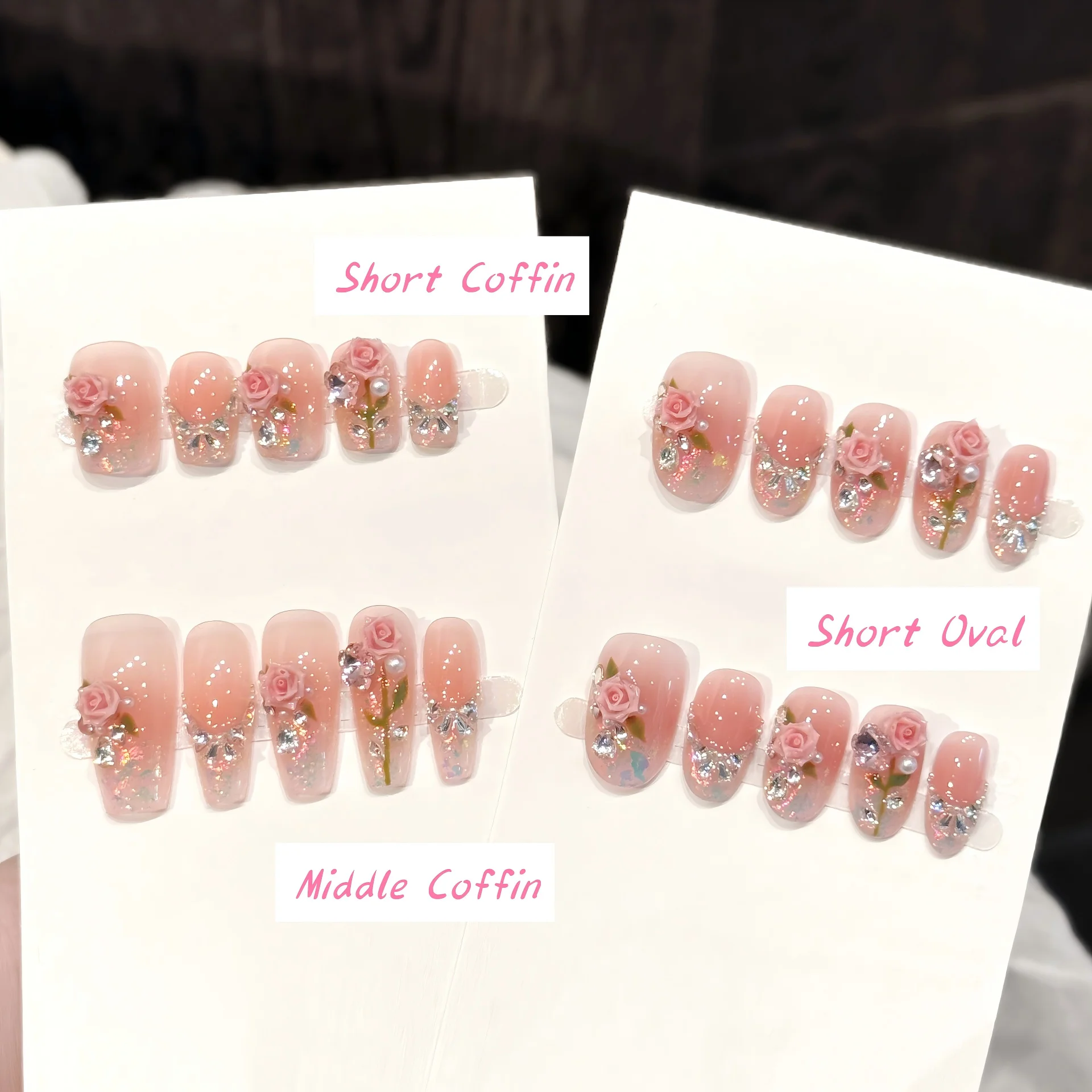 10PCS Oval/Coffin Handmade Press On Nails,Pink Rose Diamond Ornament,Gentle, Sweet and Exquisite,Suitable for Parties,Daily Wear