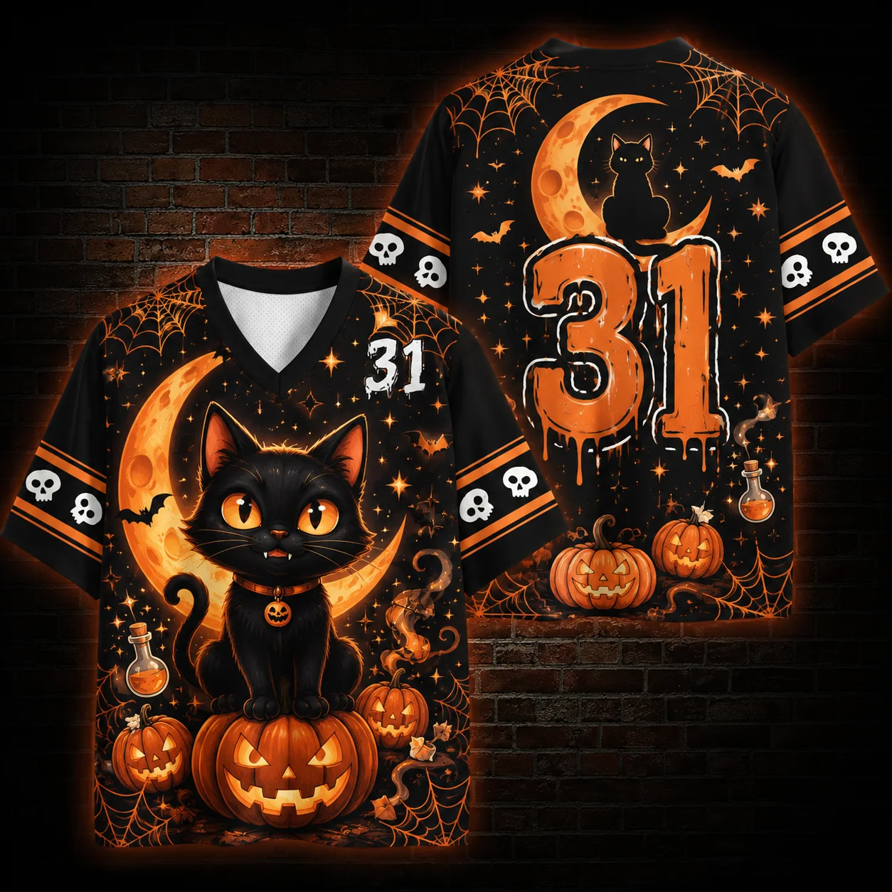 Halloween Horror Party Outfit for Children, Adults, Pumpkin Heads, Flame Skeletons, Full Print, Breathable Short Sleeves Tees