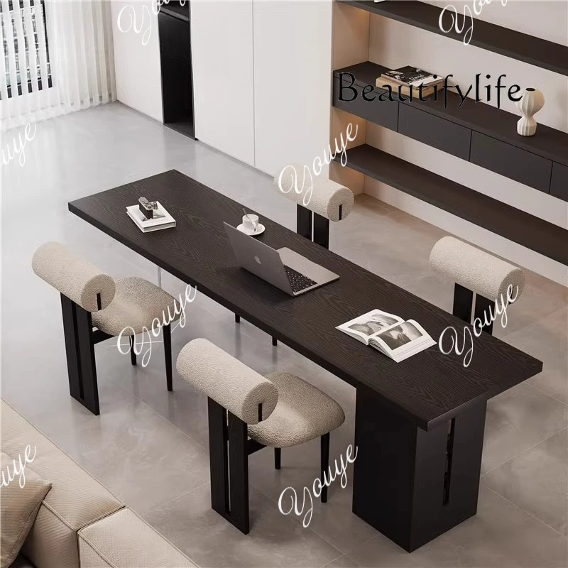 double reading table, Living room with cabinet, all solid wood black desk,  acrylic suspension computer desk behind sofa