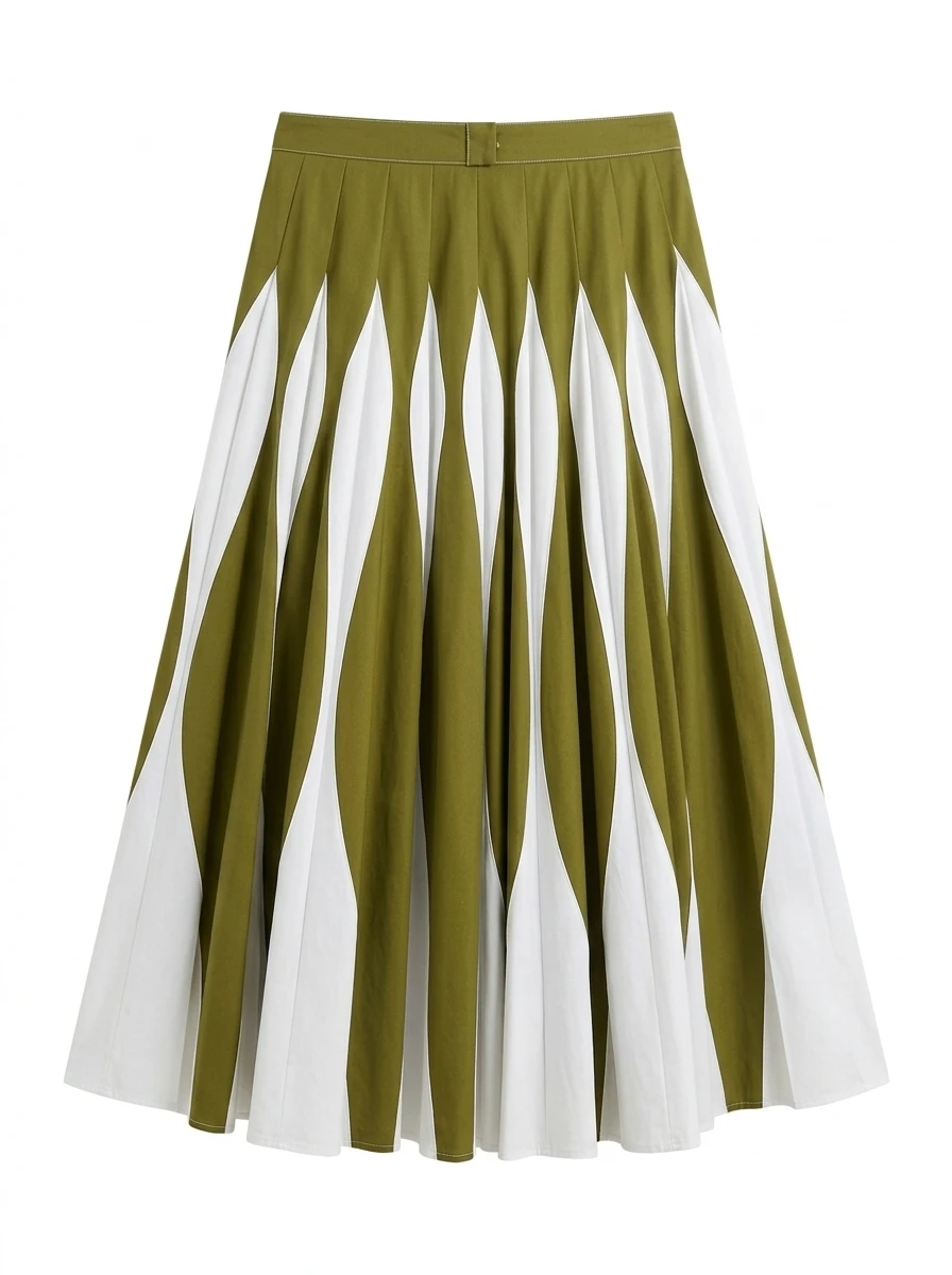 Missuoo Women's Olive White Contrast Color Skirt 2026 Summer Stylish High Waist A-line Pleated Skirts Casual Party Wear Bottoms