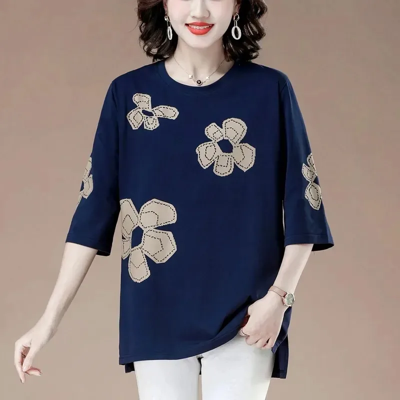 

Fashionable Round Neck Mid-sleeve T-shirt for Women Loose Casual Printed Pullover Quarter-sleeved Elegant and Versatile Top