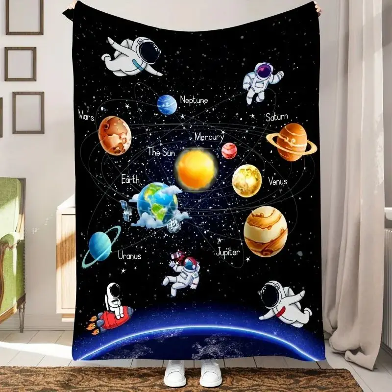 VIKAMA Solar System Galaxy Astronaut Print Blanket Super Soft Flannel Boys Birthday Back To School Gift Travel Sofa Cover Throw