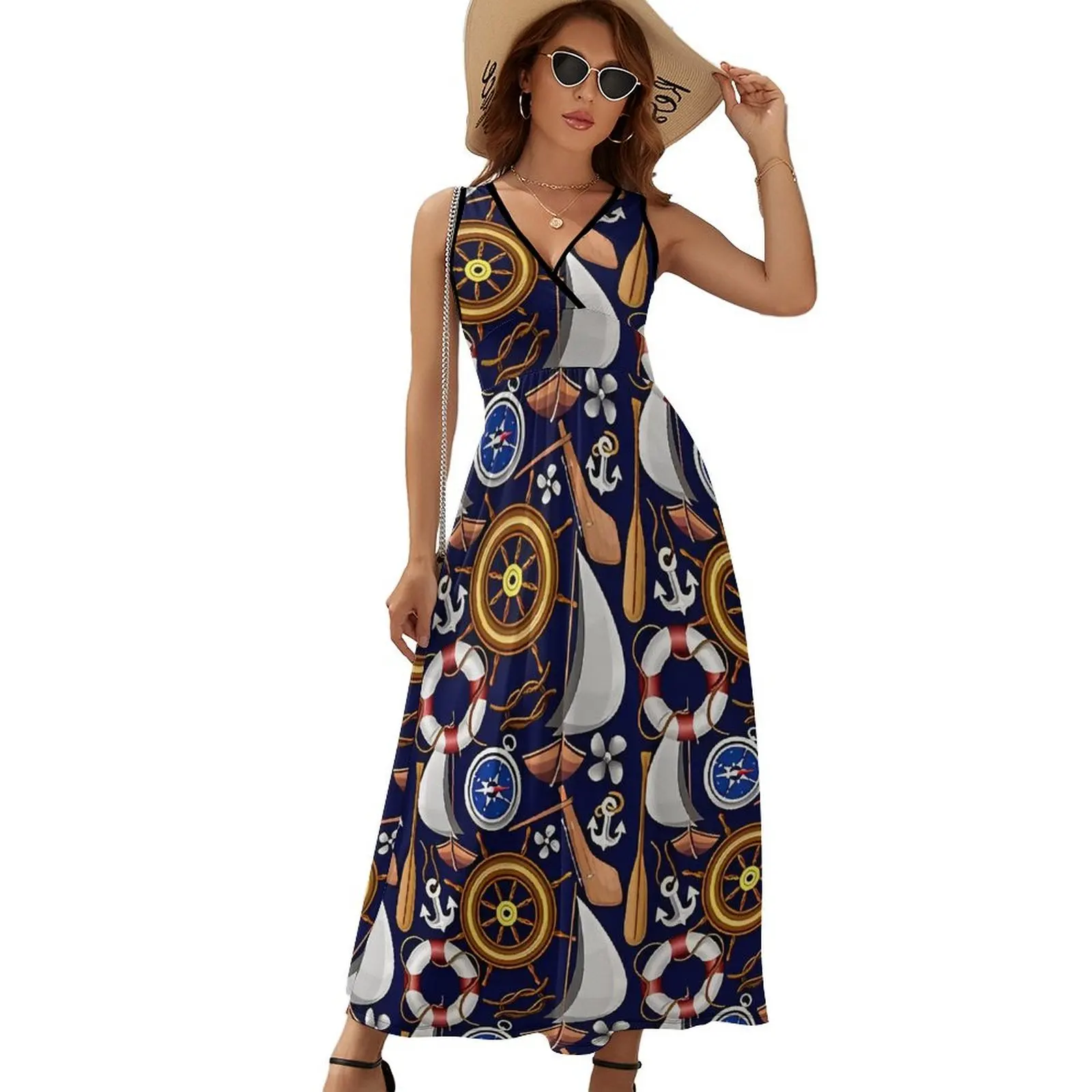 Anchor Dress Summer Nautical Marine and Navy Equipment Aesthetic Boho Beach Long Dresses Ladies High Waist Beach Maxi Dress