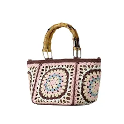 Lady bamboo Shoulder Bag Handmade Crochet Bag Woven Bag Fabric Strip Luxury Designer Handbag Purses for Women Tote Bags