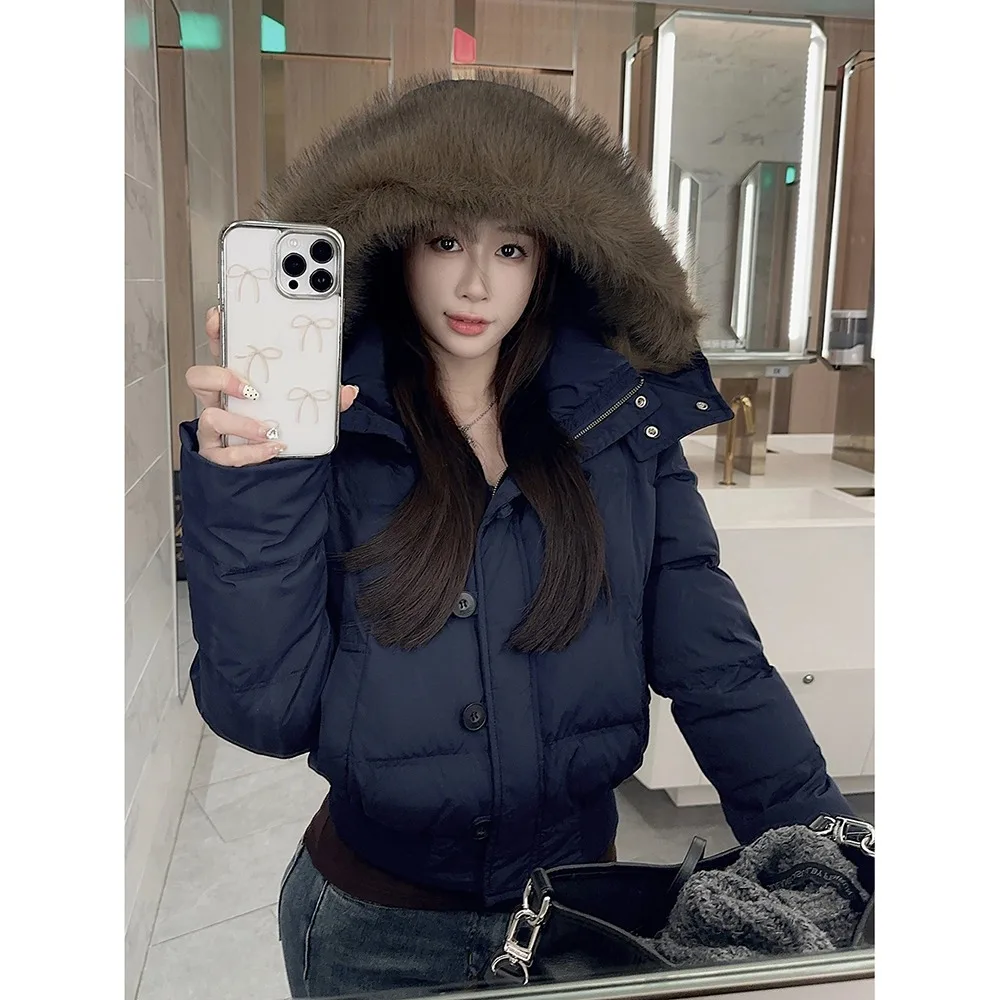 

Korean Slim Short Cotton Jackets Women 2025 Winter Furry Collar Hooded Parkas Woman Button Thick Warm Parka Jacket Female