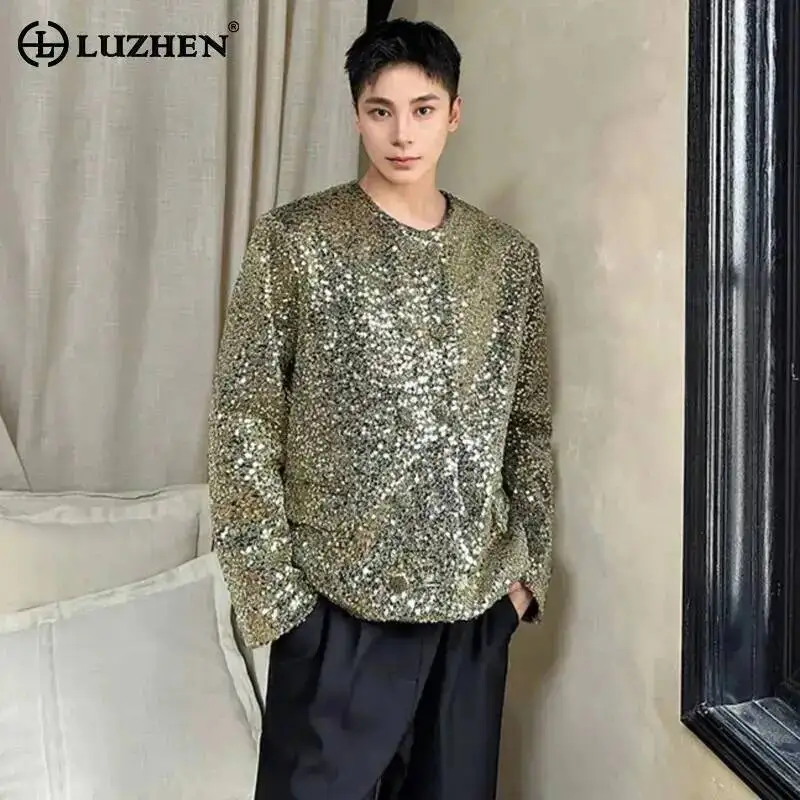 LUZHEN Sequin New Fashion 2025 Patchwork Design Round Autumn Neck Casual Jacket Men's Original Solid Color Elegant Coat JY7376