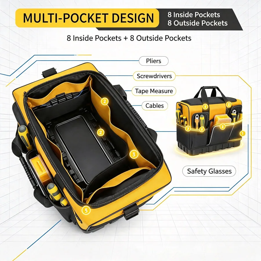 Heavy‑Duty Tool Bag Thickened Oxford Fabric Wear‑Resistant Plastic Base Electrician Hardware Storage Handbag with Shoulder Strap