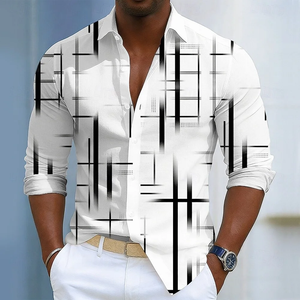 11 Colors Men's Long Sleeve Lapel Shirt Black Geometric Crosshatch Print Shirt Slim Cardigan Daily Commuting Wear Fast Shipping