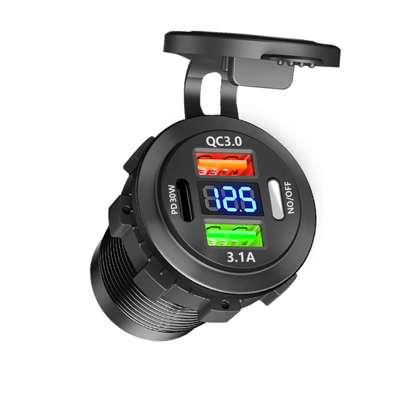 Neue Auto USB Ladegerät PD 3,0 & QC 3,0 Schnelle Lade Buchse mit Voltmeter Ein/Aus Schalter 12/24 V für Motorrad Boot Auto Zubehör – Detail 2