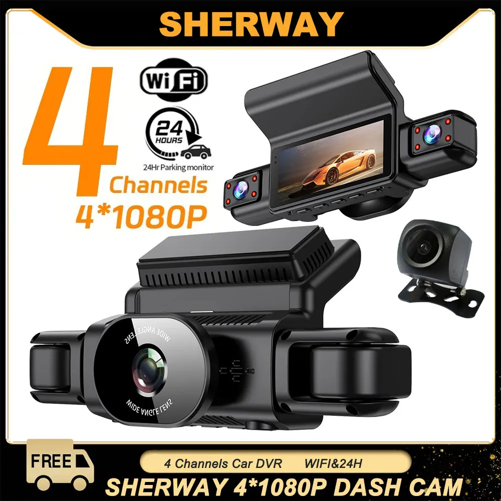 4 Channel WiFi Car DVR 360° All Sides Dash Cam 4*1080P Front & Rear Left Right Dash Camera for Cars 24H Parking Monitor Recorder