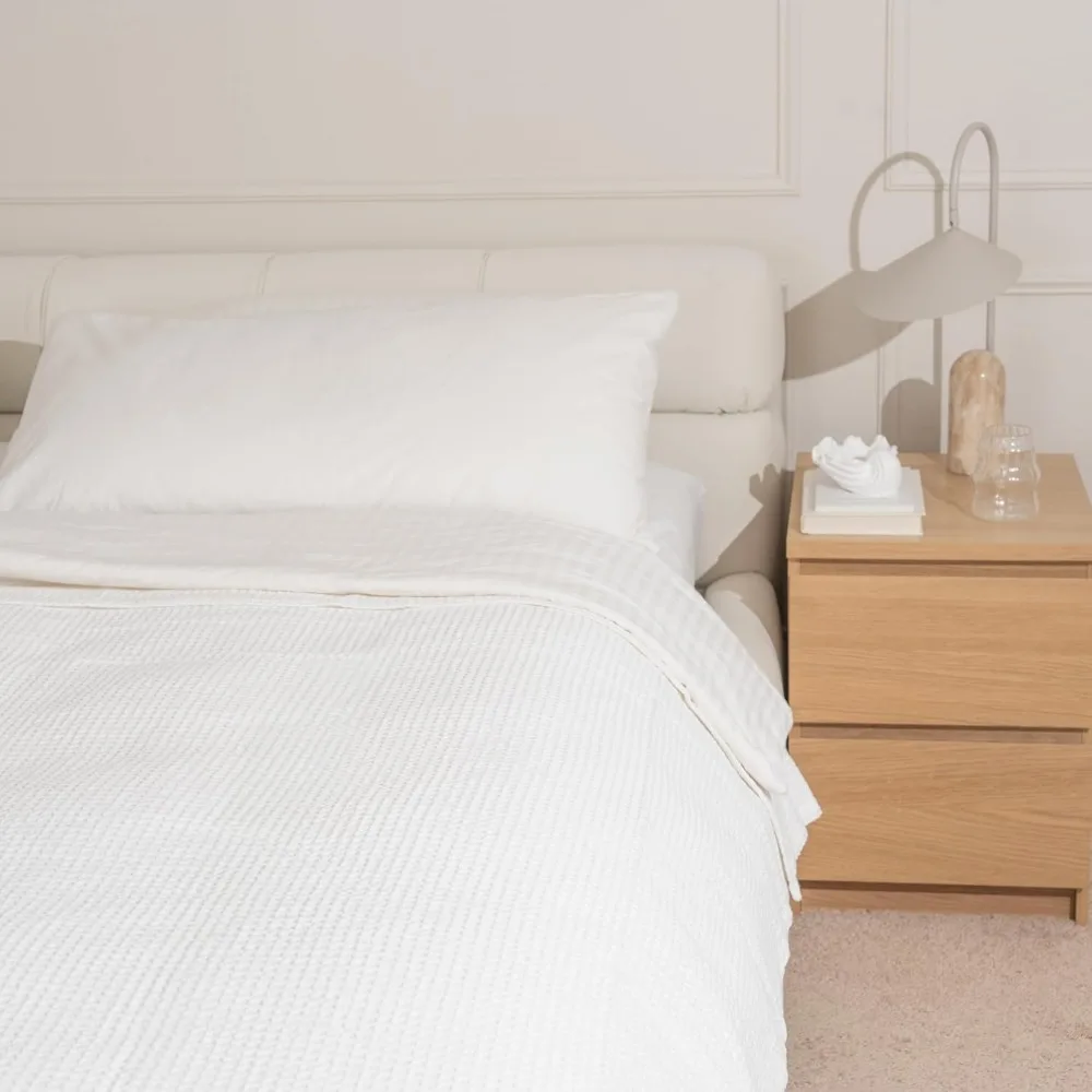 بطانية توأم بيضاء من القطن العضوي - نسج الوافل، 100% قطن عضوي، بطانية خفيفة الوزن قابلة للتنفس للأسرّة المزدوجة والتوأم XL