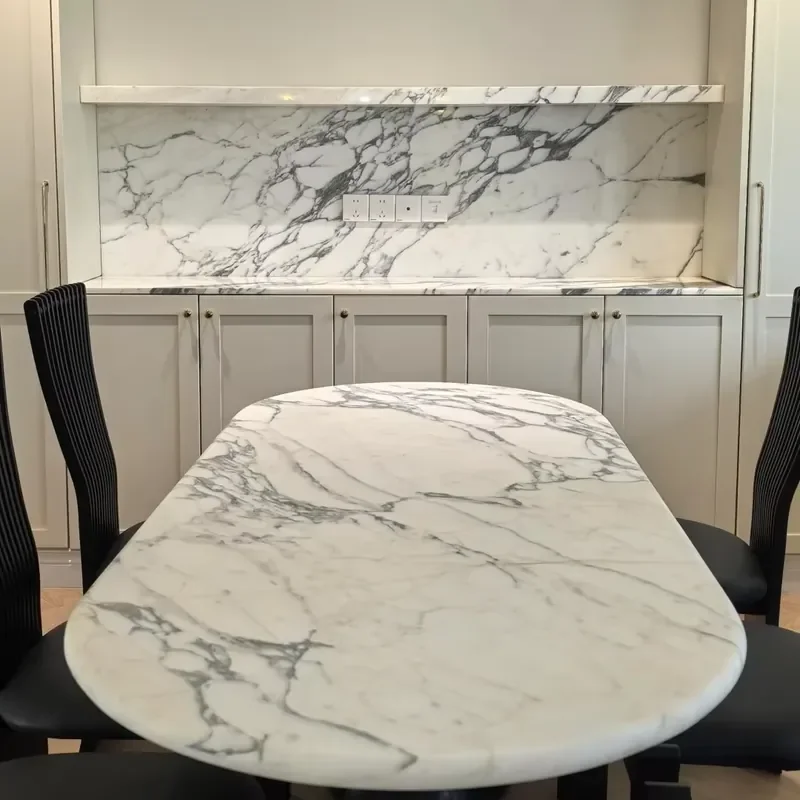 #Natural Calacatta Marble Slab Modern Dining Table Top Wall Back Splash Pure White Background Bold Vein Pattern