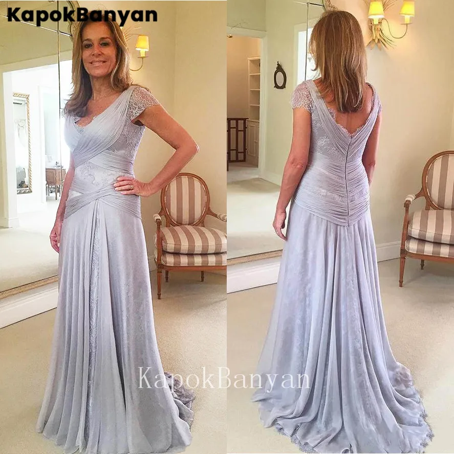 

Chiffon Lace V-neck V-back Zipper Long Mother of the Bride Dress A-line Sweep Train Party Gown for Woman