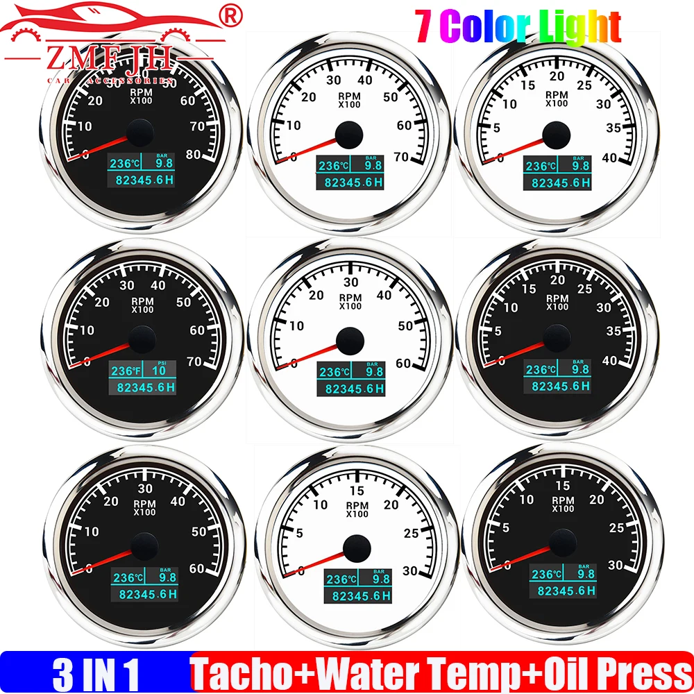 ZMFJH Car Boat Multi-Meter 85MM Gauge 7 Color Light 3000RPM,4000RPM,6000RPM,7000RPM,8000RPM Tachometer+Water Temp+Oil Pressure