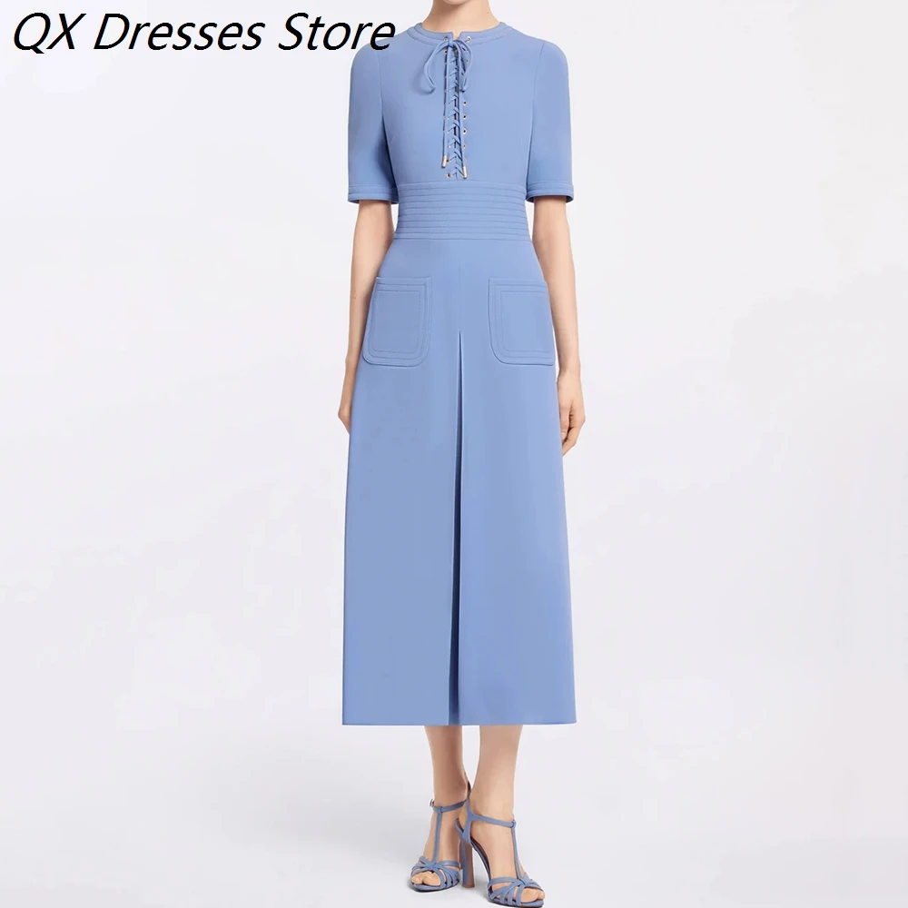 

Women's A-line Evening Dresses Tea-length O-neck Short Sleeve Prom Dresses Fashion Lace-up Pockets Simple Draped Customized Gown