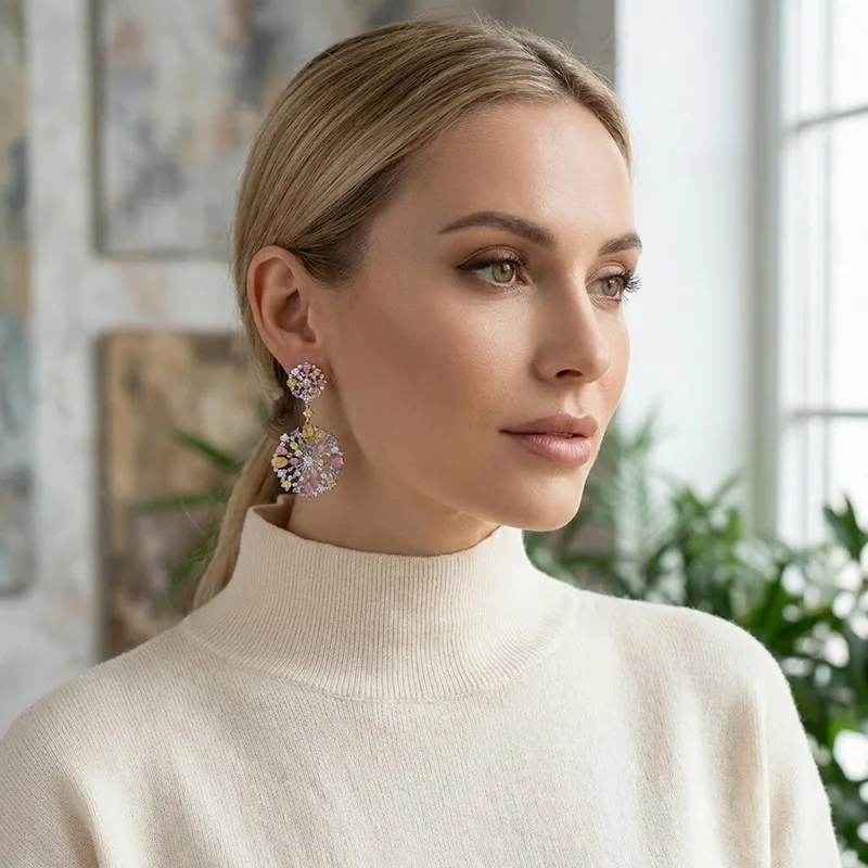 SENYU Sparkling Multicolor Pastel Dangle Earrings Hollow Snowflake Design Crystal Statement Earring Fashion Spring Party Jewelry