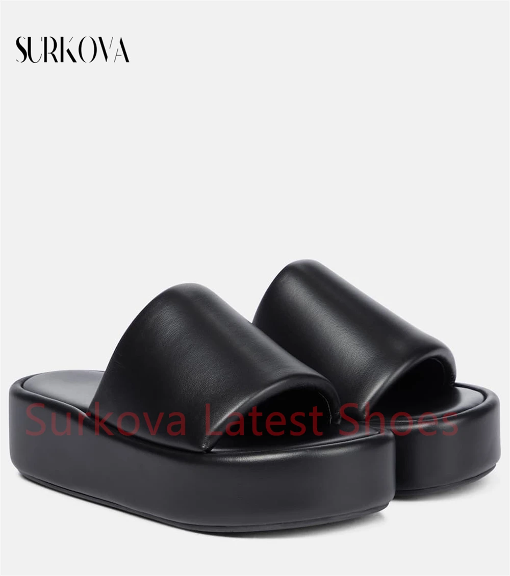 

Black White Solid Color Thick Flat Round Toe Slippers Women's Outdoor Sandals High Quality Soft Leather Casual Shoes for Women