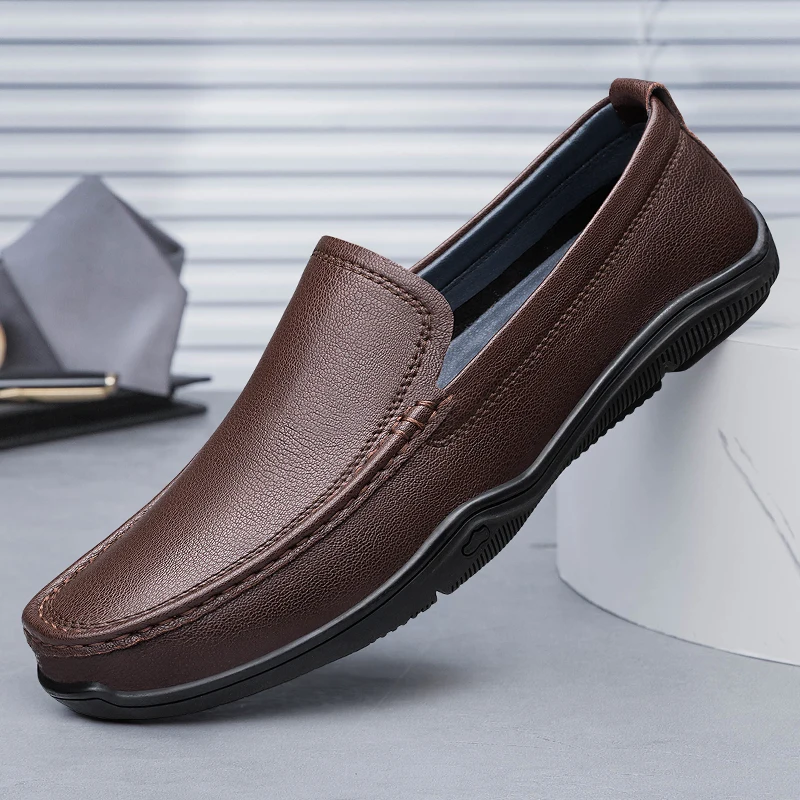 

Летние премиальные туфли из натуральной кожи для бизнеса и офиса, повседневные мужские черные лоферы на плоской подошве с защитой от скольжения, размеры: 37-44