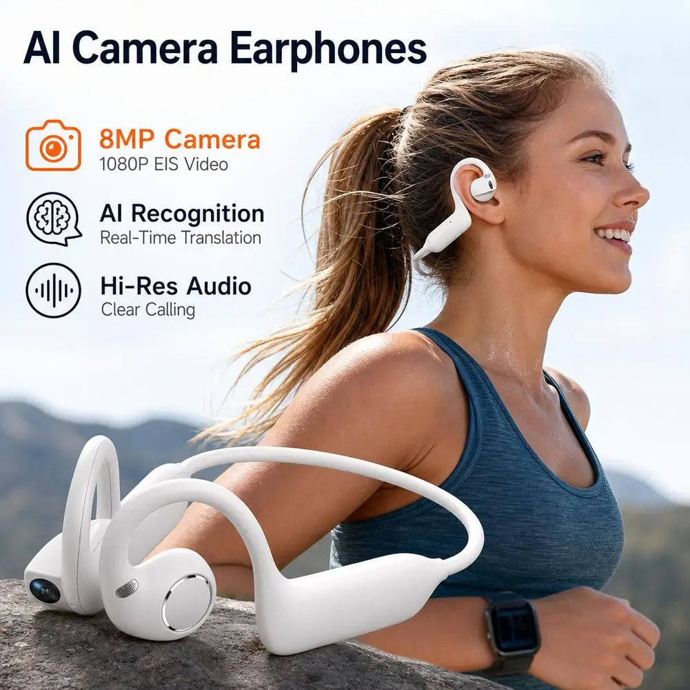 Wireless Earphones with EIS Anti-Shake 8MP HD Camera1080P Video Recording OpenAI  Bluetooth Sports Earphones for Sports Cycling