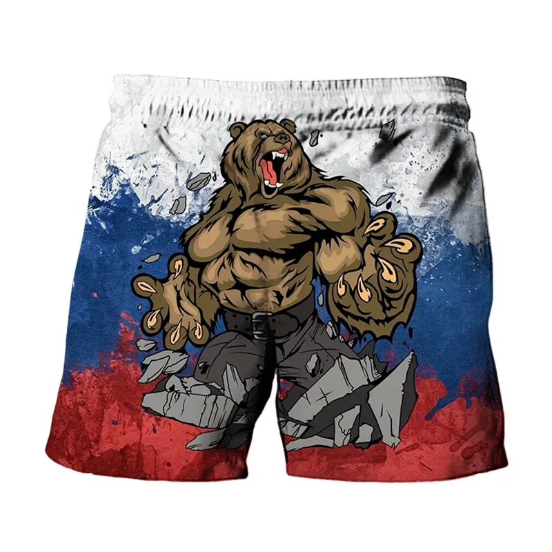 Russian Eagle Pattern Beach Shorts - Men's 3D Russian Flag Bear Print Board Shorts - Summer Men's Swimwear 2026