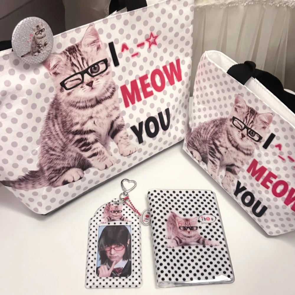 Original Cat-themed DuPont Paper Wrapped Single-shoulder Commuter Tote Bag with Polka Dot Print and Kitten Design