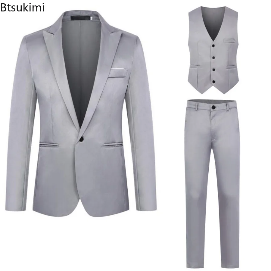2024 Men's Blazers Suit Sets Wedding Office 3PCS Blazer+Vest+Pants Suits Slim Fit Single Buckle Business Club Party Sets for Men