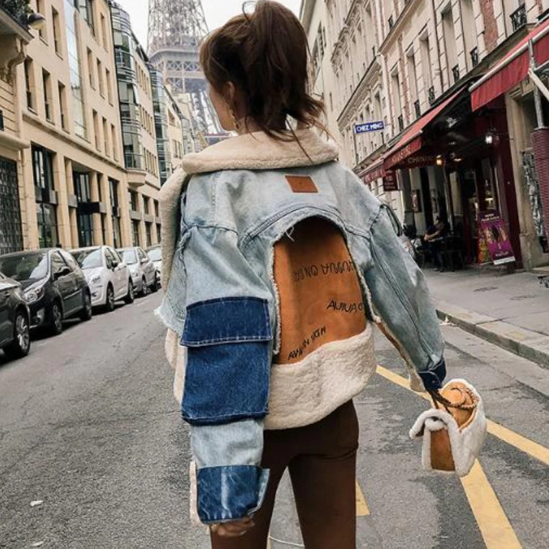 Jaket Jeans wanita, Chic jaket jins bulu domba perca kerah lipat Denim disambung tebal kardigan parka