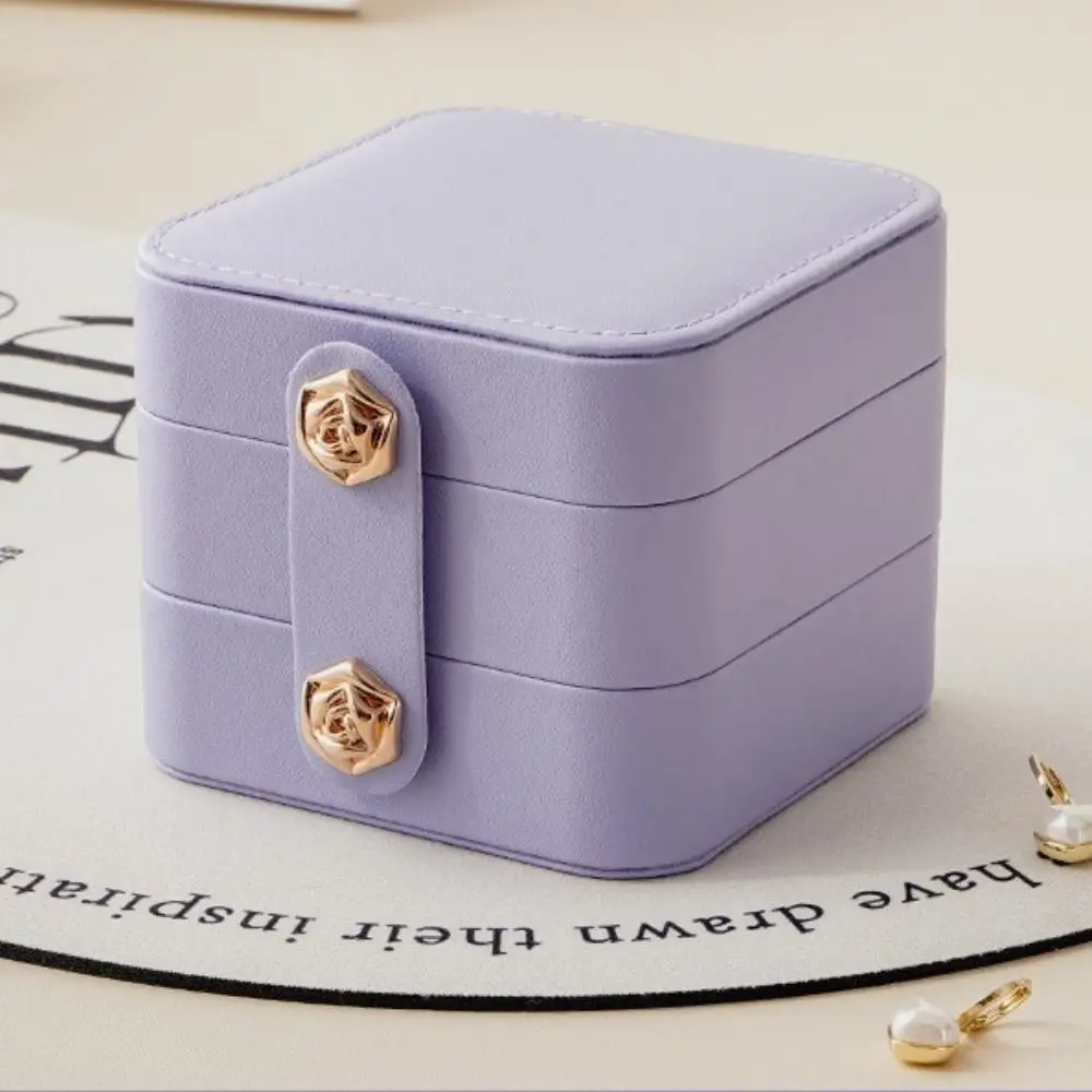 Simple Flower Buckle Jewelry Packing Bag Double Layer Multi-function Earring Storage Case PU Leather Mini Ring Holder Gift