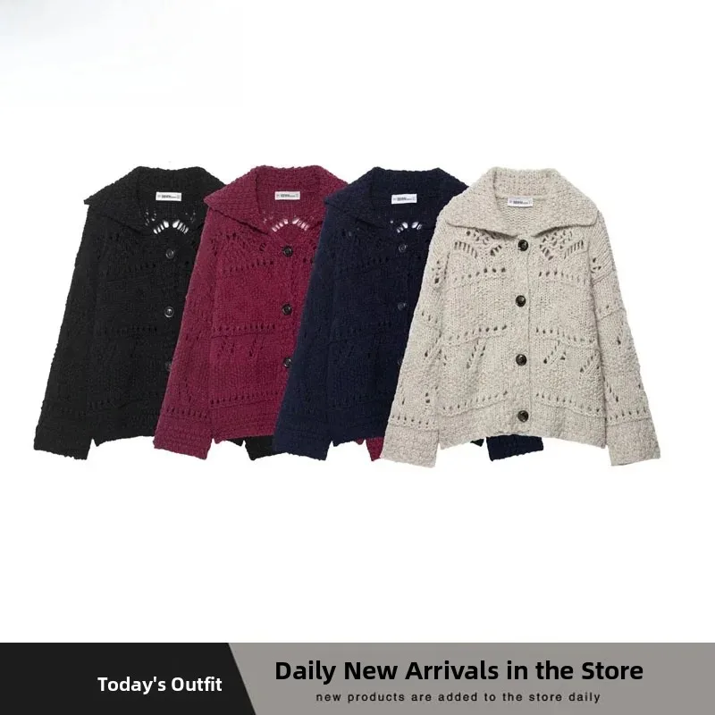 Fashionable Oversized Hollow out Knitted Cardigan for Women Autumn Winter Street Style Polyester Fiber Long Sleeve Button up
