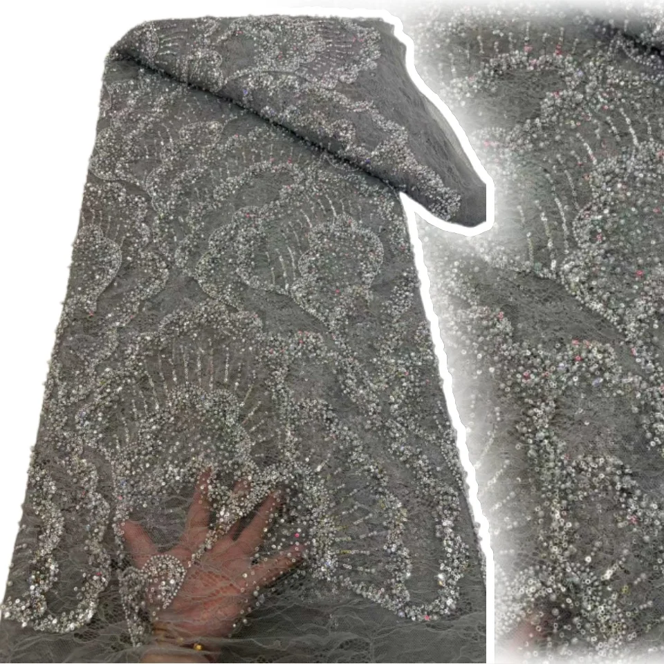 Kain Renda Afrika 5 Yard Kain Renda Nigeria Bersulam 2025 Kualitas Tinggi Renda Tulle Chantilly untuk Menjahit Gaun AH1691