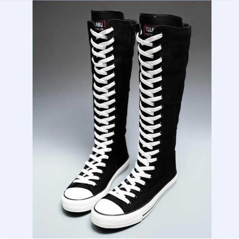 

Women's Shoes 2025 New High Top Canvas Boots Fashion Korean Edition Long Boots Lace-Up Zipper Comfortable Boots Zapatos De Mujer
