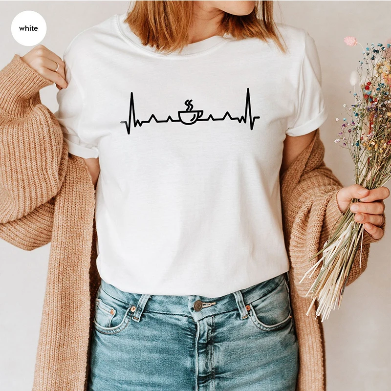 Coffee Tea Cup Love Heart Breat Wave Women T Shirt Harajuku Cotton Vintage Clothes Lover Graphic Tee Cotton High Quality Tshirts