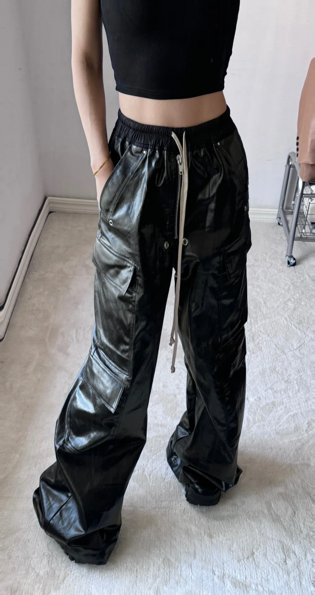 Rick Wide-leg Pants Y2K High Street Multi-pocket Owens Trouser Fashion Wax-coated Biker Slacks Streetwear Hip Hop RO Trousers