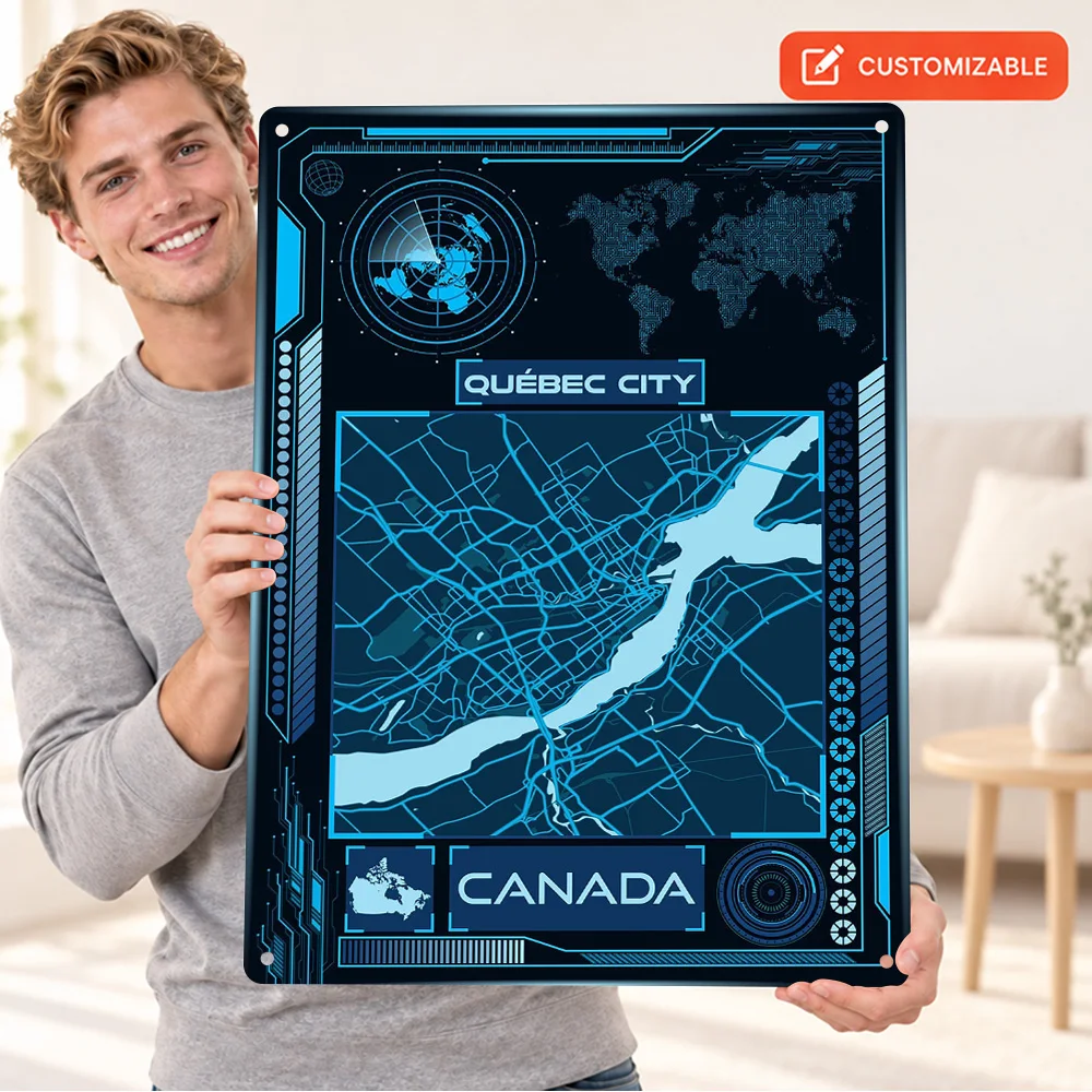 Quebec City Blue Digital Map Textured Metal Poster Customized Aluminum Sign Detailed Graphic Composition Wall Art For Hallway