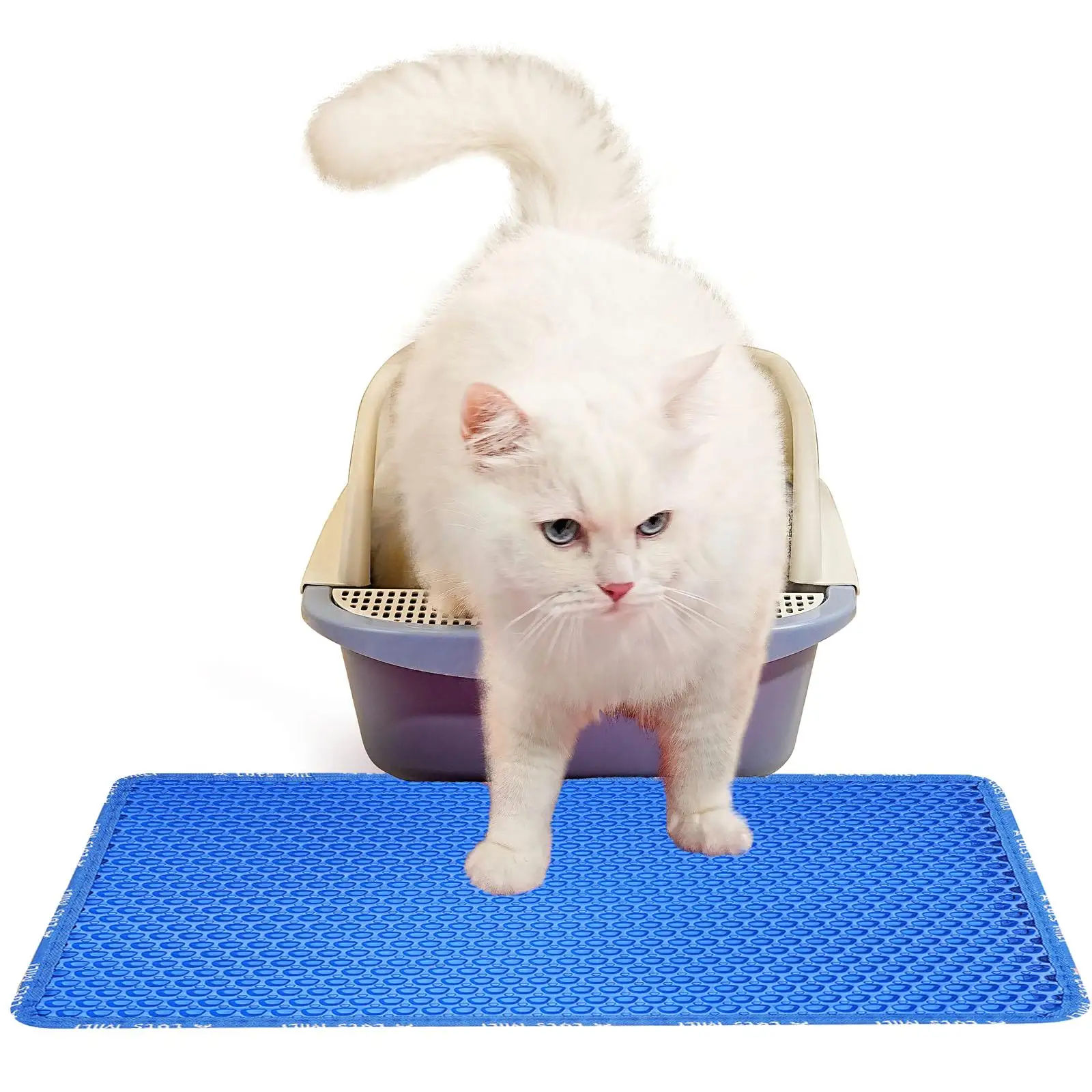 

Double Layer Waterproof Cat Litter Mat - Blue Kitty Scratching Design, Easy Clean & Scatter Control - 21” x 14”