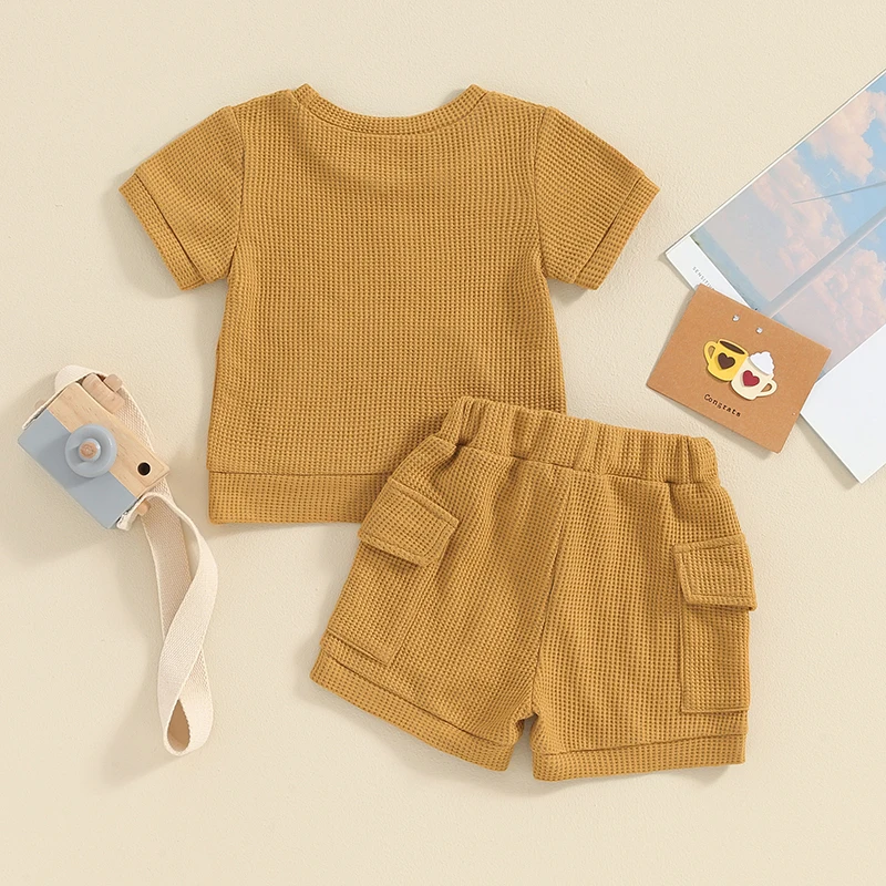 Toddler Baby Boy Summer Shorts Set Short Sleeve Solid Color Pocket T-Shirt Elastic Waist Shorts 2Pcs Waffle Outfit Set