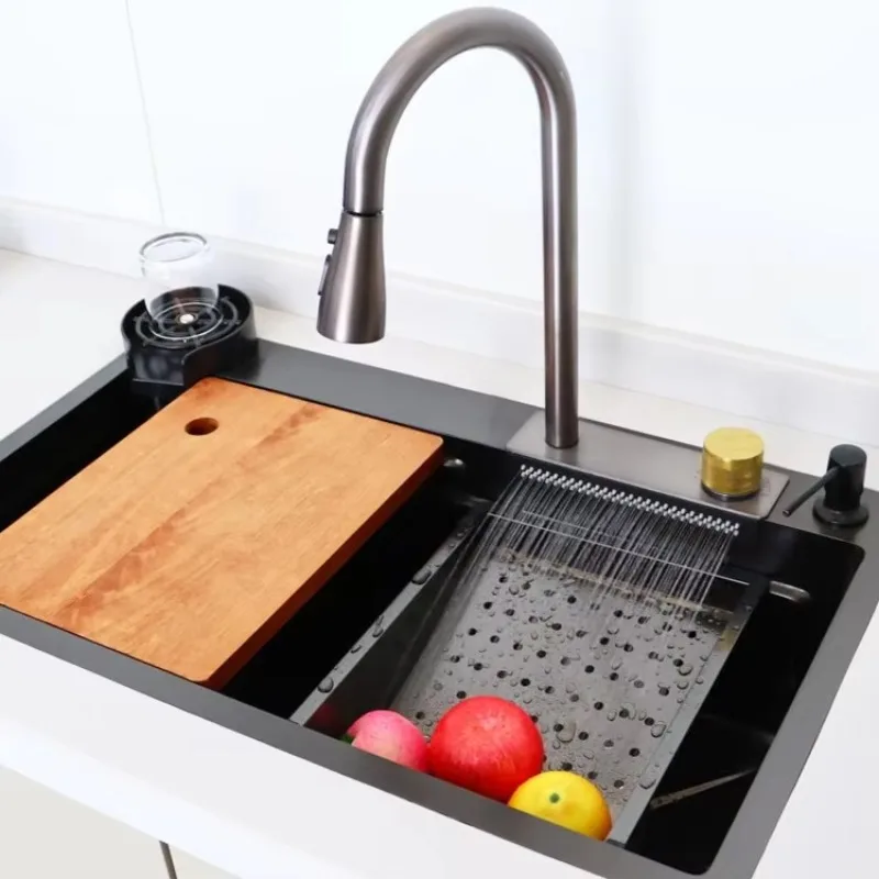 High Quality Customizable Modern Style Kitchen Sink 304 Stainless Steel Multifunctional Nano One Square Four Holes