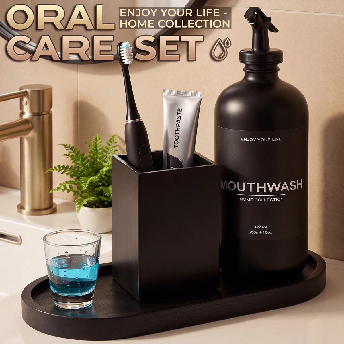 Mundpflege-Badezimmer-Set, Mundwasserspender, Quadratischer Zahnbürstenhalter & Glasbecher mit Ablagefach, Badezimmer-Arbeitsplatten-Organizer