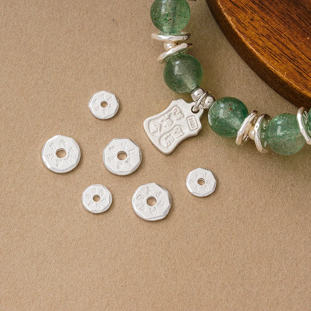 999 Silver Six‑Syllable Mantra Spacer Bead Flat Octagon Donut Loose Bead Hollow Charm Bead for DIY Bracelet Necklace Making