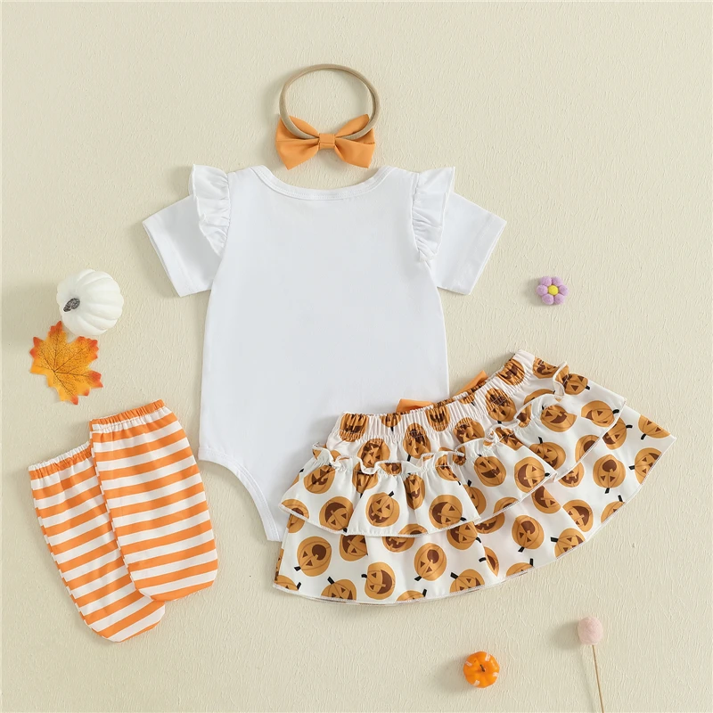 Newborn Baby Girl Halloween Outfits Short Sleeve Romper with Pumpkin Pattern Skirt and Bow Headband and Long Socks 4Pcs Set